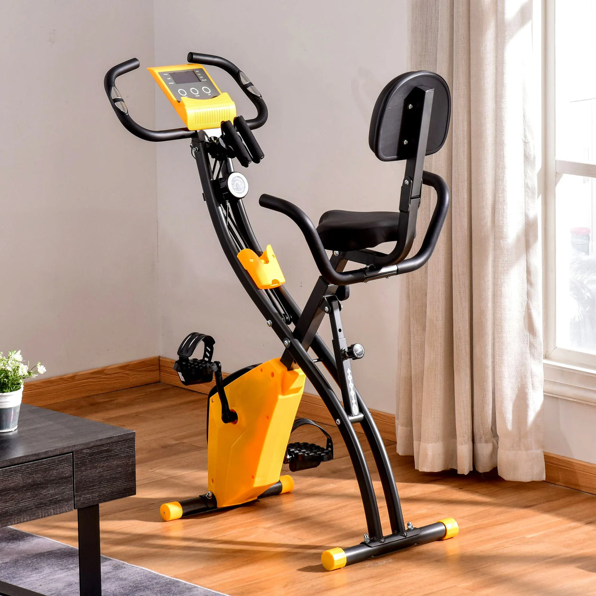 HOMCOM 2-in-1 Folding Exercise Bike with 8-Level Magnetic Resistance, Arm Resistance Band, Pulse Sensor, Yellow