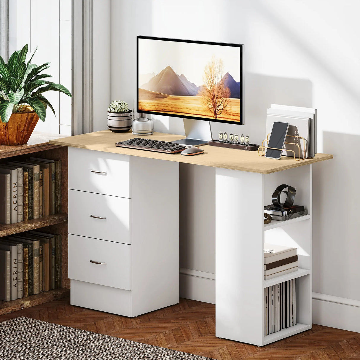 HOMCOM Computer Desk, Writing Table, PC Workstation with 3 Storage Shelves and Drawers, Silver Handle, for Home Office, Natural Wood Finish and White