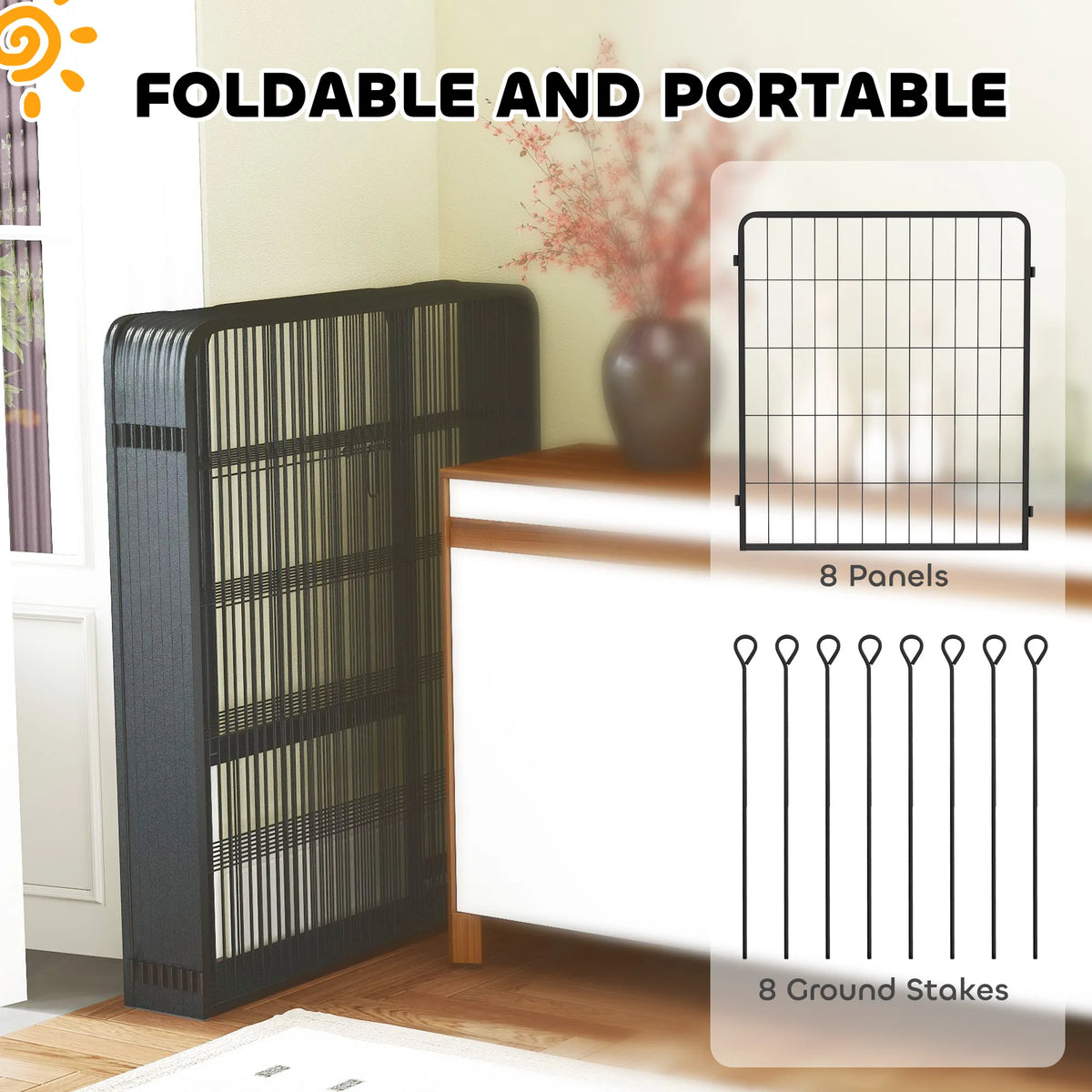 PawHut Eight-Panel Dog Playpen with Door, for Large Dogs, Indoors, Outdoors, 80cm Tall, Black