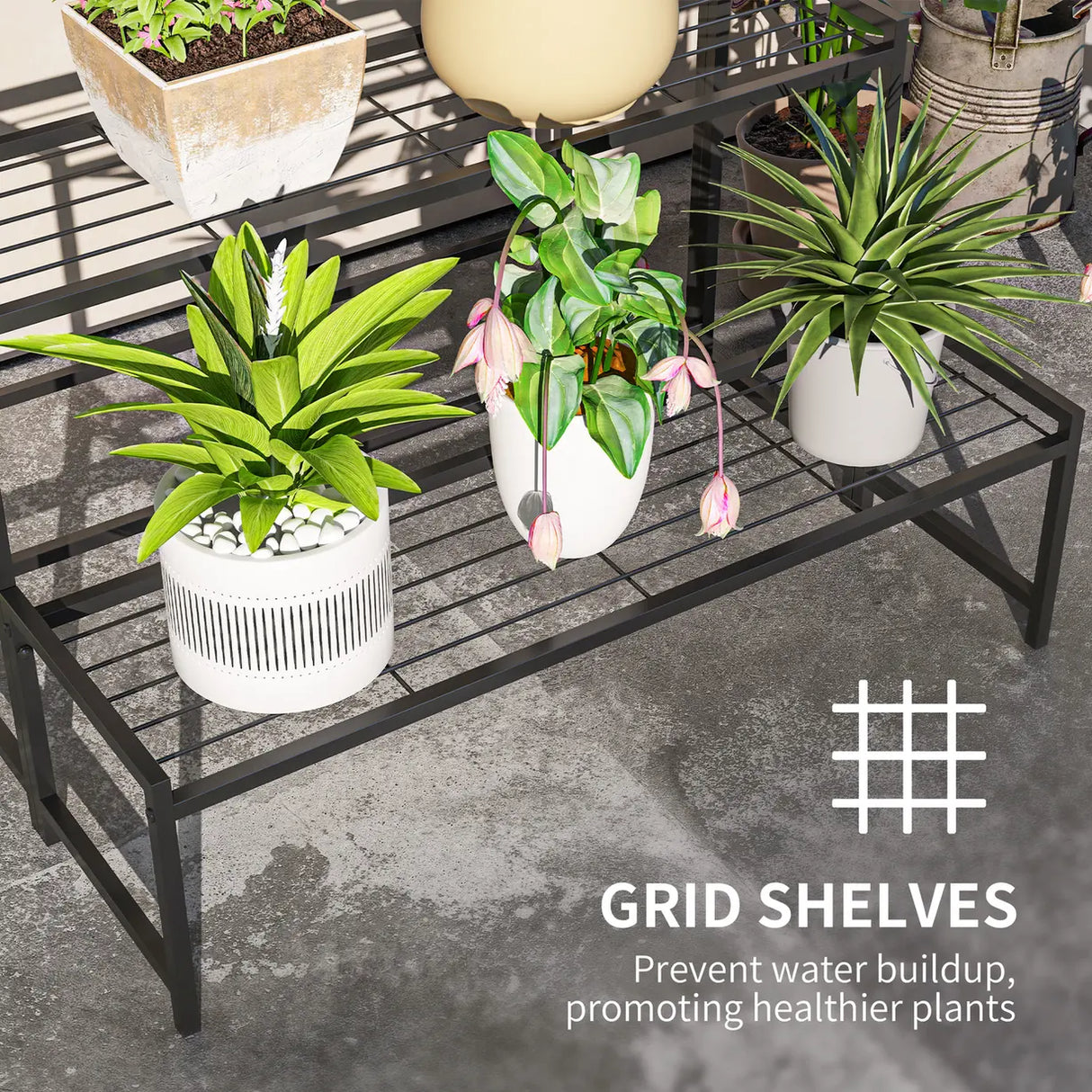 Outsunny Three-Tier Metal Plant Shelf - Black