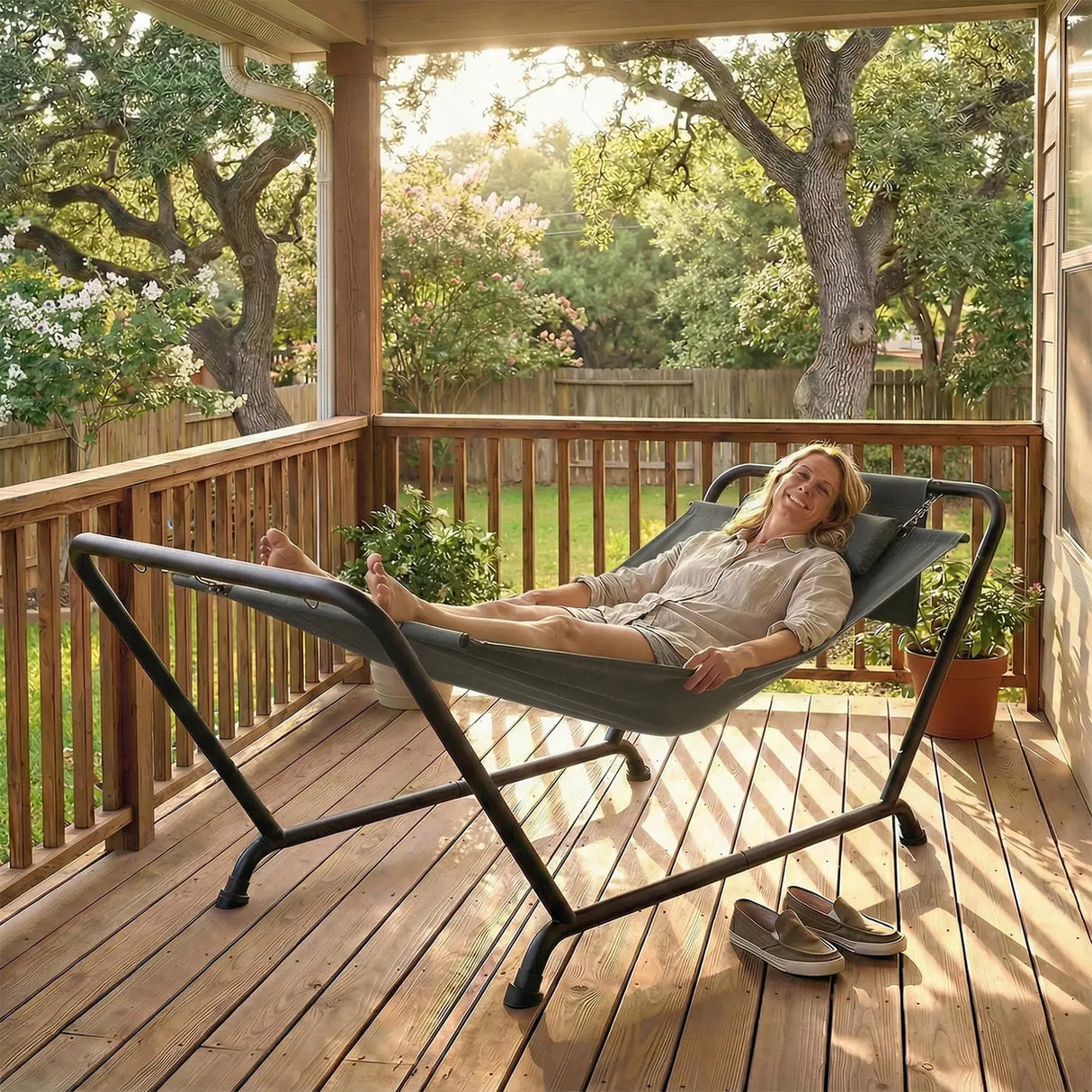 Outsunny Outdoor Hammock with Stand, Freestanding Hammock with Side Pocket, Headrest for Patio, Balcony, Porch, Dark Grey