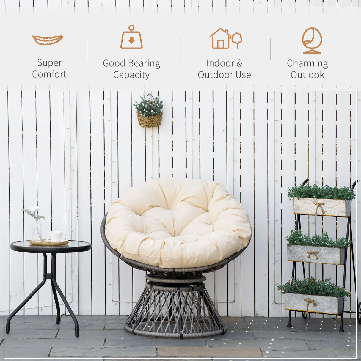 Outsunny 360 Swivel Rattan Moon Bowl Chair Round Lounge Garden Wicker Basket Seat with Padded Cushion Oversized for Outdoor Indoor, Beige