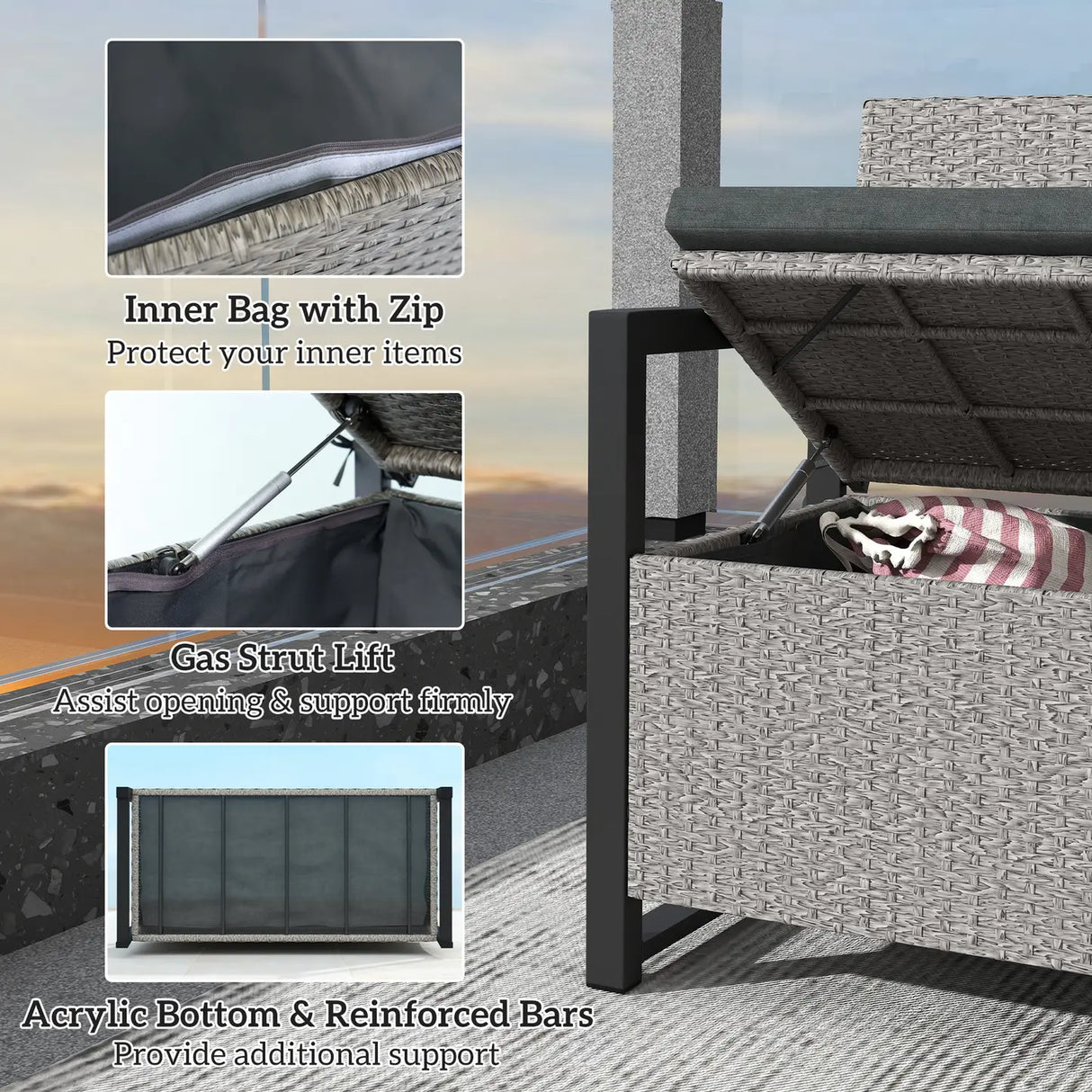 Outsunny 151.5L Storage Garden Bench, with Cushion - Grey