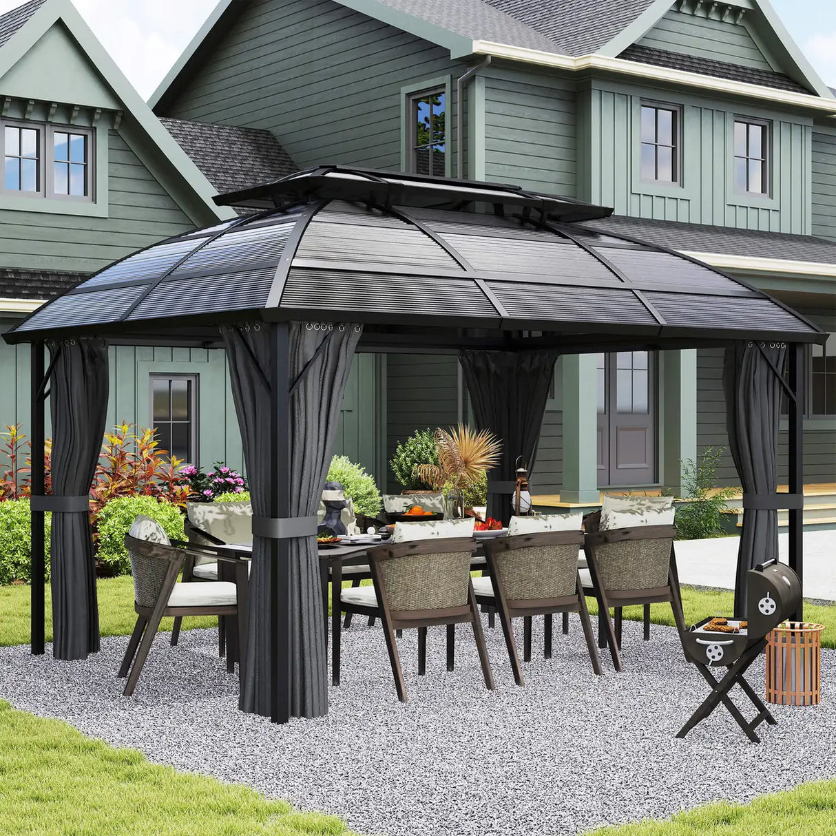 Outsunny 4 x 3m Aluminium Frame Hard Gazebo, with Accessories - Black