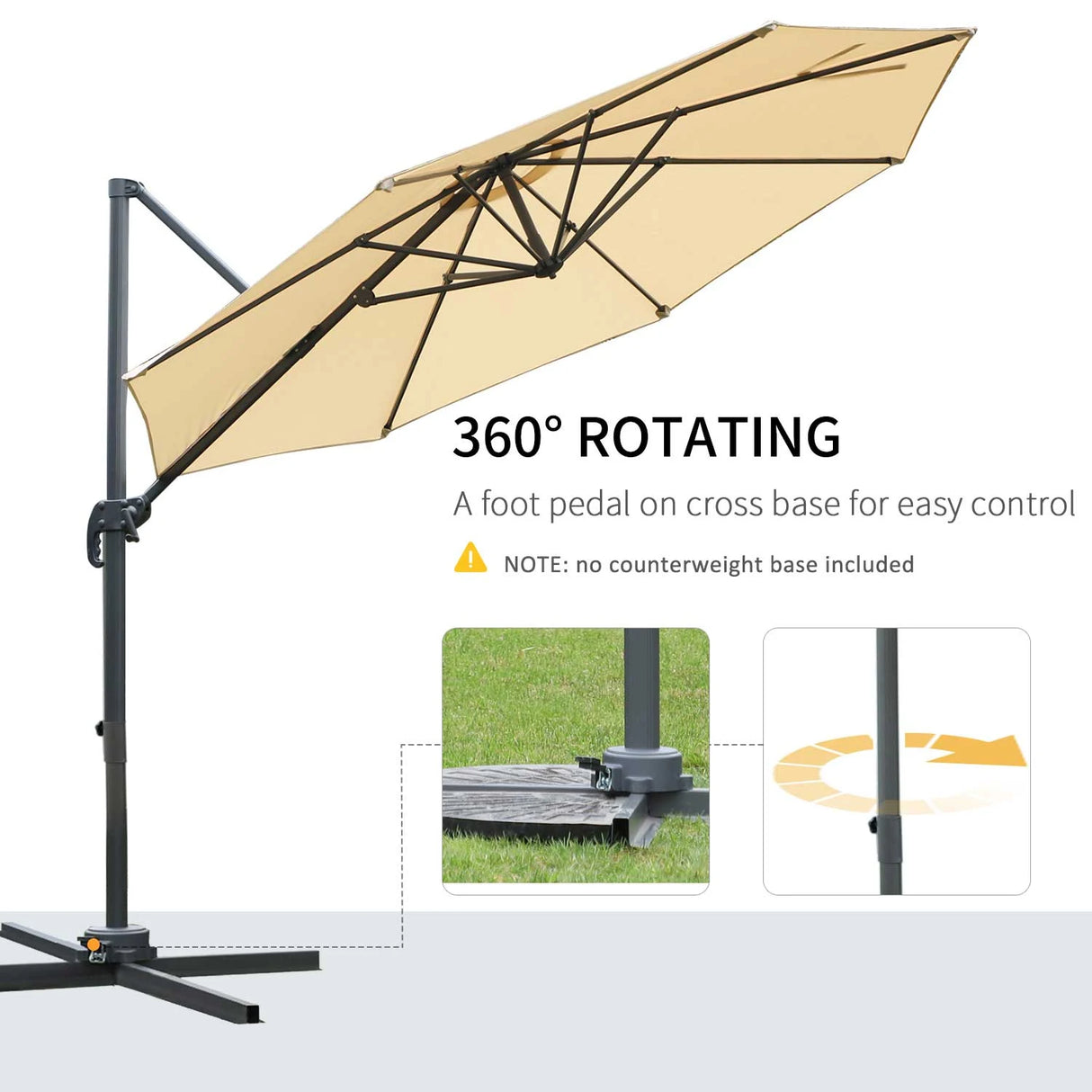 Outsunny Round Umbrella Parasol W/ Tilt 360 Rotation and Hand Crank Cross Base-Beige