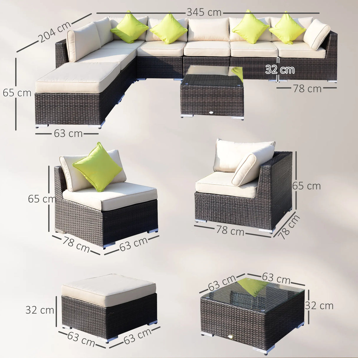 Outsunny 8 Piece Rattan Corner Sofa Set with Wide & Deep Seat, Assembled Aluminium PE Rattan Garden Furniture Set with Thick Cushions and Glass Top Table for Outdoor, Conservatory, Mixed Brown