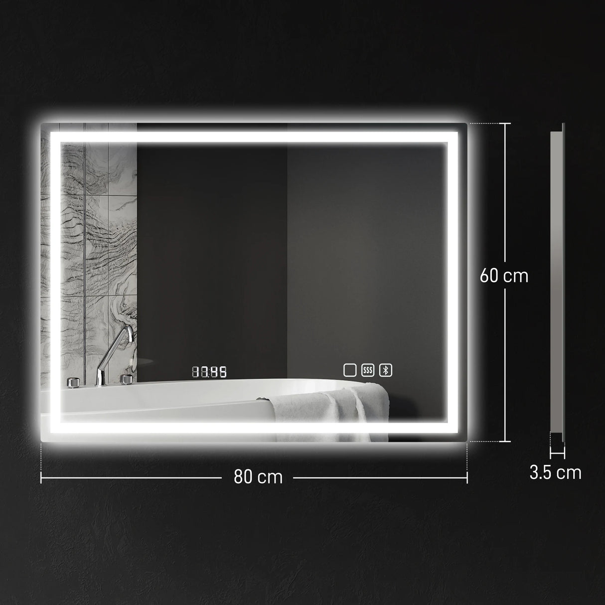 HOMCOM 60 x 80 cm Anti-Fog LED Bathroom Mirror, with Bluetooth and Clock - Silver Tone