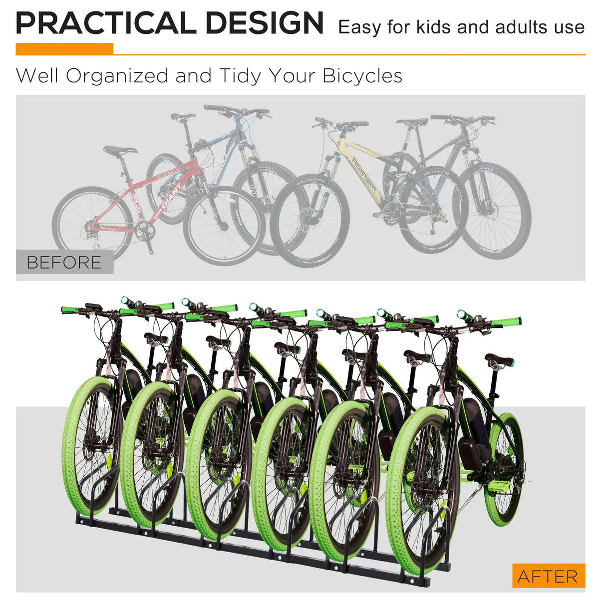 HOMCOM Bike Stand Parking Rack Floor or Wall Mount Bicycle Cycle Storage Locking Stand 179L x 33W x 27H (6 Racks, Black)