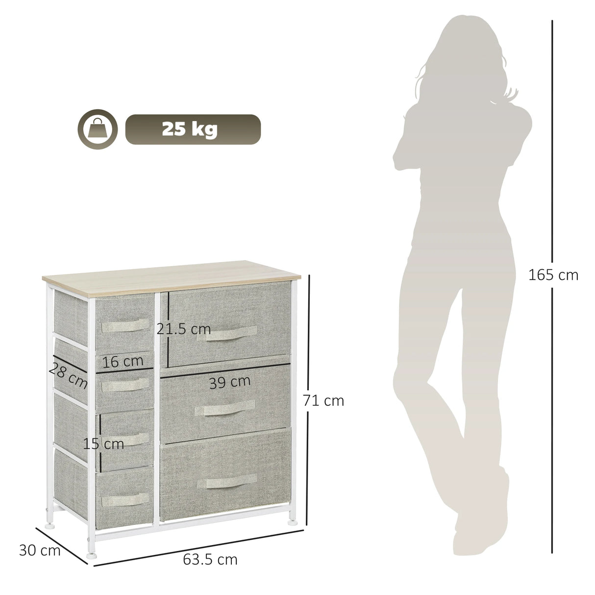 HOMCOM Chest of Drawers with 7 Drawers, Fabric Drawers with Large Storage Space, Drawers Dresser with Metal Frame, Adjustable Feet for Bedroom Living Room, Light Grey