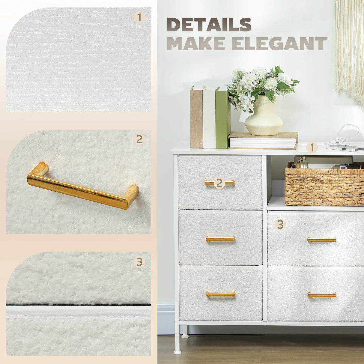 HOMCOM Boucle Chest of Drawers, 8 Fabric Drawers Storage Organiser with Charging Station, 2 USB and 2 AC Ports, Steel Frame, Fabric Dresser for Living Room, Bedroom, Hallway, Cream White