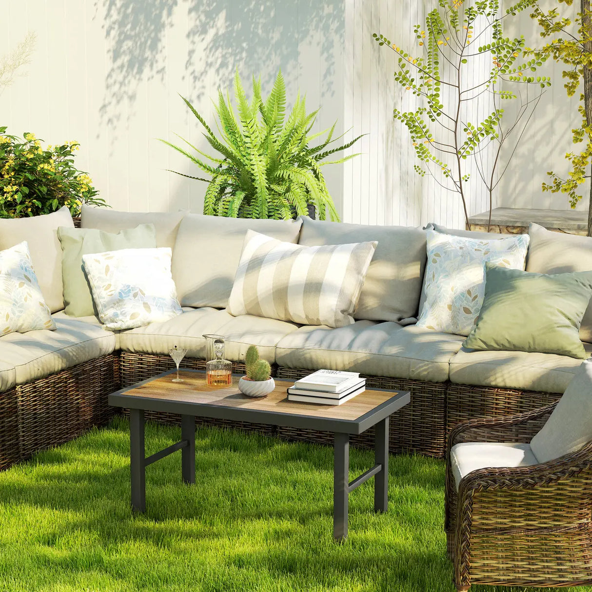 Outsunny Metal Garden Coffee Table, Outdoor Side Table with SPC Woodgrain Tabletop for Outside, Garden, Balcony, Porch, 100 x 53 x 46cm, Brown