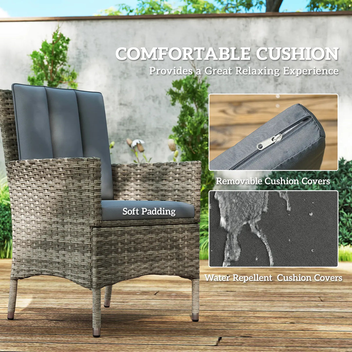 Outsunny Seven-Piece Rattan Dining Table, with Round Glass-Top Table - Light Grey