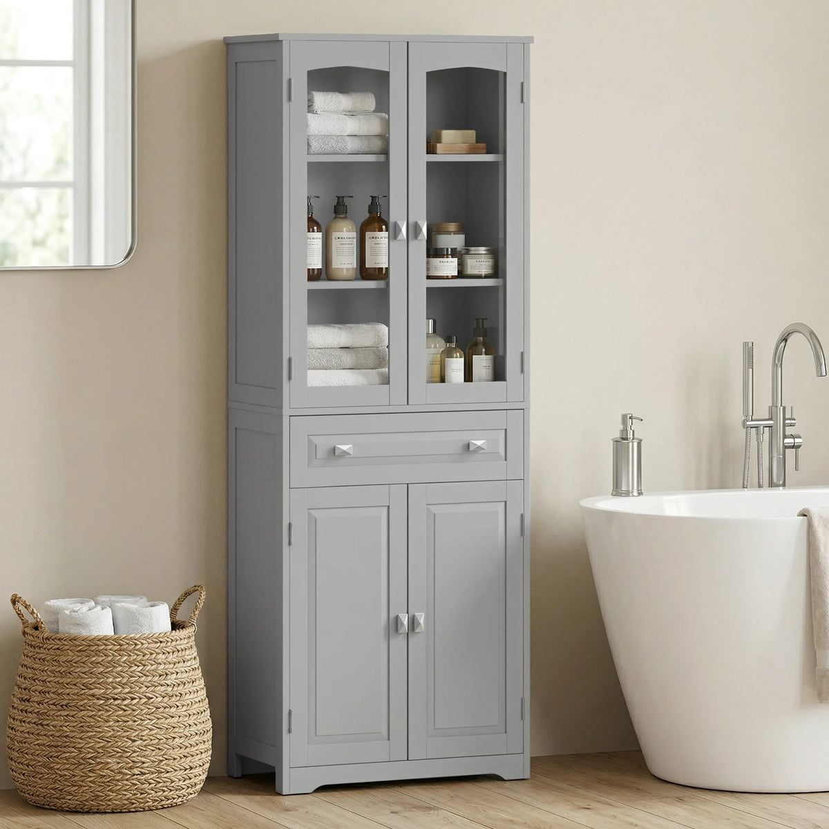 HOMCOM Freestanding Kitchen Cupboard, Storage Cabinet with 2 Adjustable Shelves, Drawer and Glass Door for Living Room, Grey