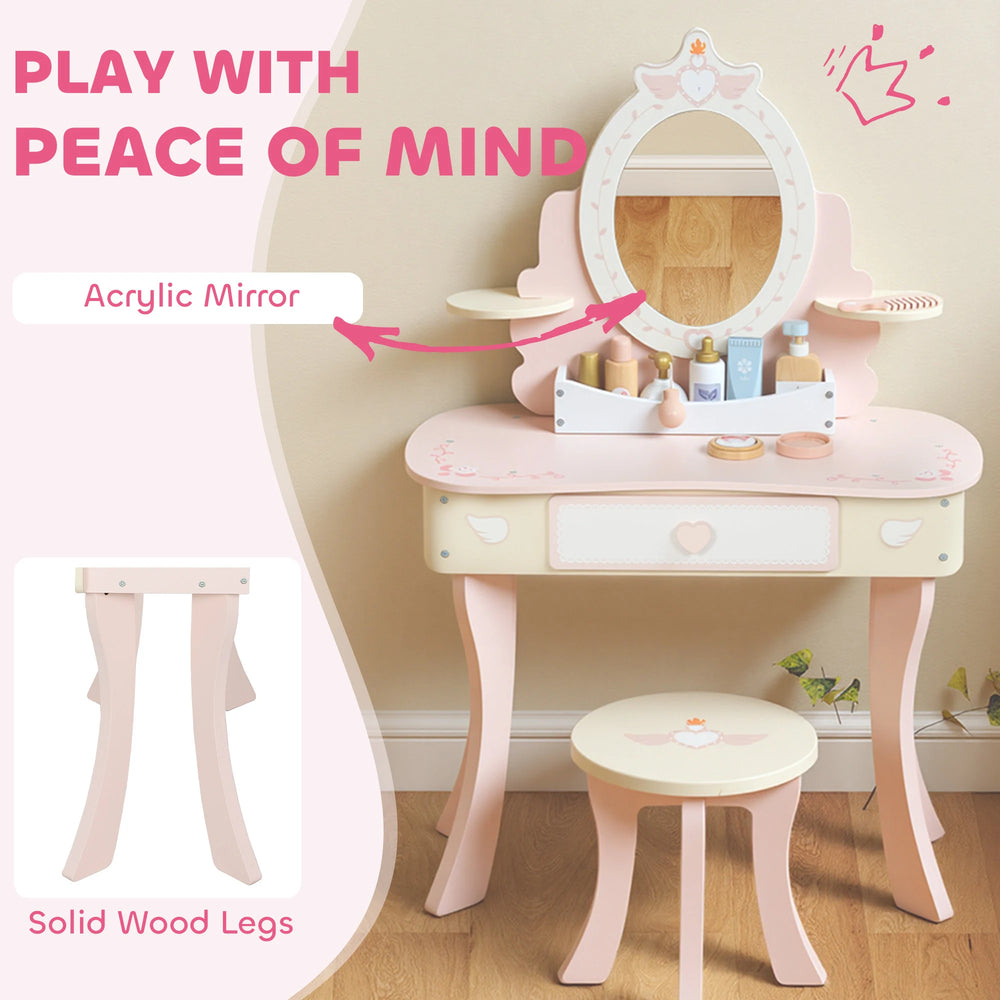AIYAPLAY Kids Dressing Table, Girls Vanity Set with Mirror and Stool, 7 Play Accessories, Drawer, Desktop Storage, Pink
