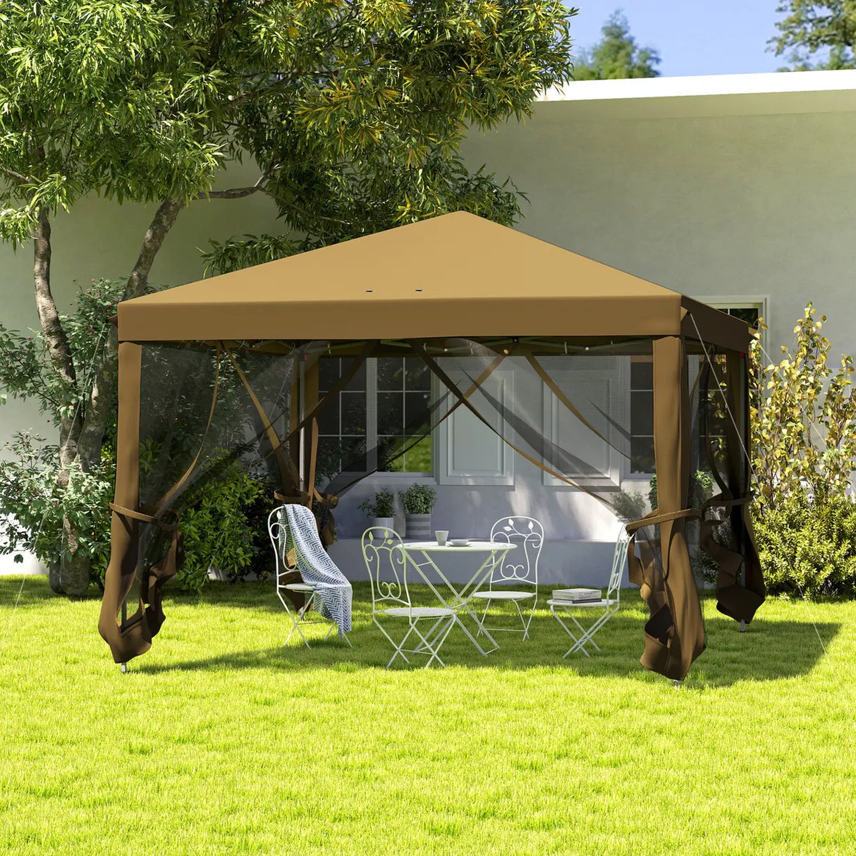 Outsunny 3 x 3 m Pop Up Gazebo, 420D Garden Tent Canopy with Removable Mesh Sidewall Netting, Carry Bag for Garden Patio Outdoor, Khaki