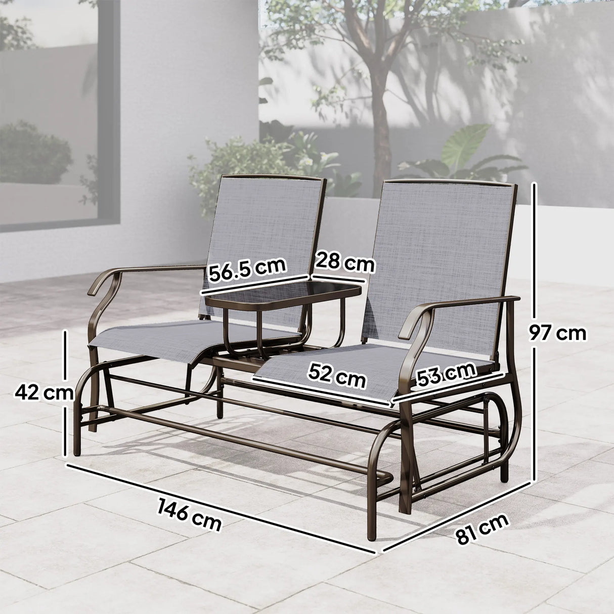 Outsunny 2 Seats Garden Glider Bench, Metal Frame Loveseat with Glass Top Centre Table, Porch Rocking Glider for 2 Person, for Deck, Patio, Brown/ Grey