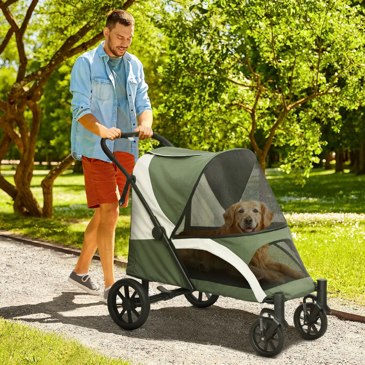 PawHut Foldable Pet Stroller for Large Dogs with Four Big Wheels, Shock-Absorbing Frame, Safety Leashes, Brakes, Dark Green