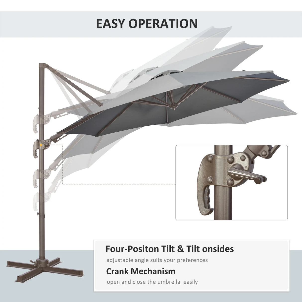 Outsunny 3(m) Cantilever Parasol 360 Rotation Roma Umbrella Hanging Sun Shade with Aluminium Frame, Tilt Crank, 8 Ribs and Cross Base, Dark Grey
