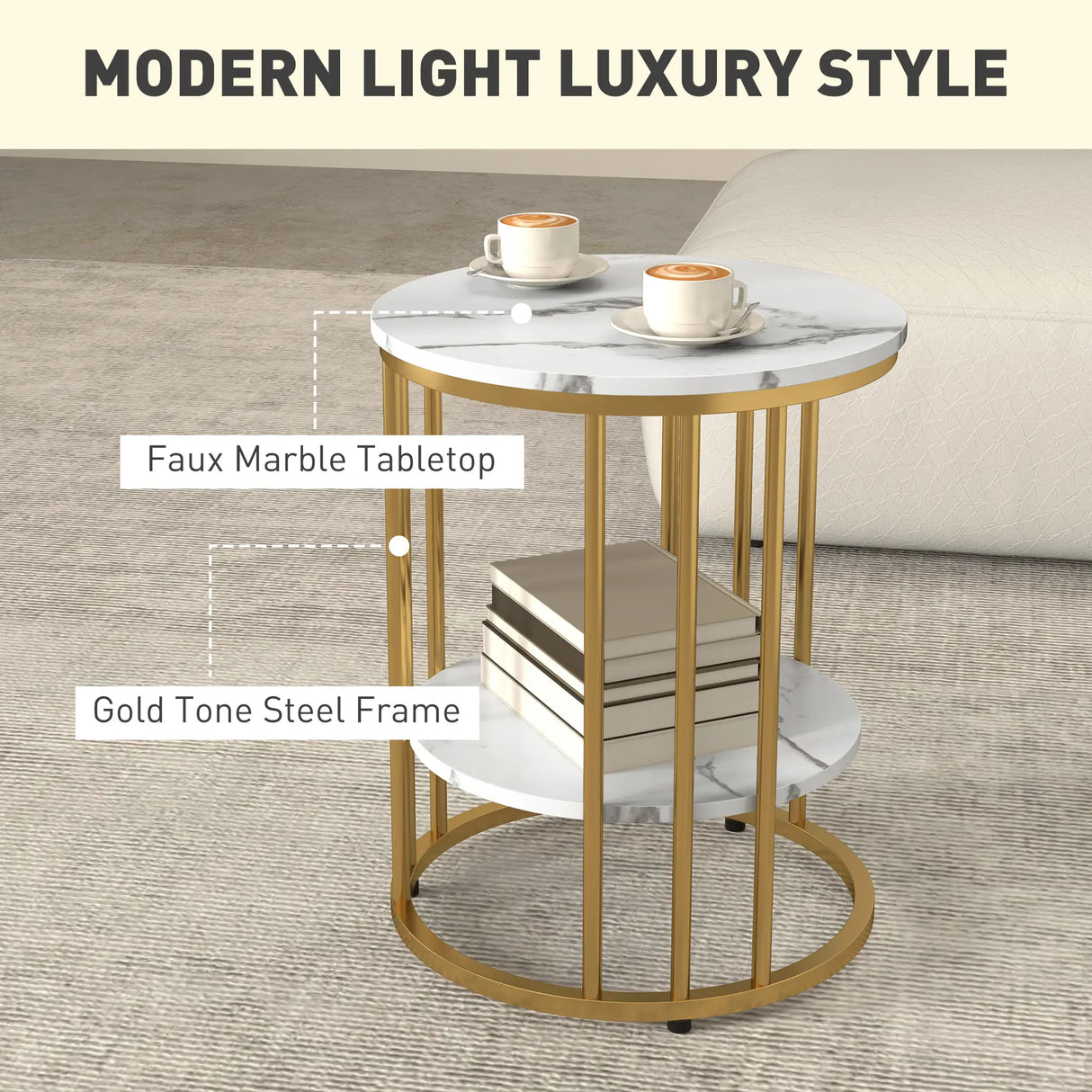 HOMCOM Set of Two Marble-Effect Coffee Tables - White/Gold-Tone