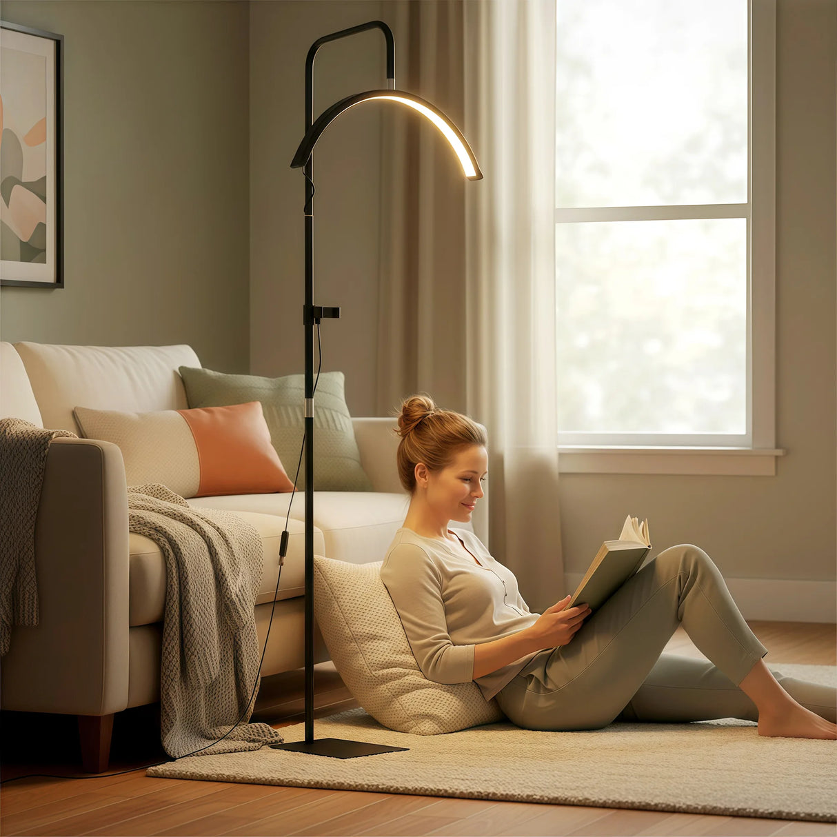 HOMCOM Half Moon Lash Light, Beauty Floor Lamp with 350 Rotatable Head, 7 Colour Temperature and Phone Holder, Dimmable Standing Lamp for Eyelash Extension, Tattoo, Nails, Skincare, Black