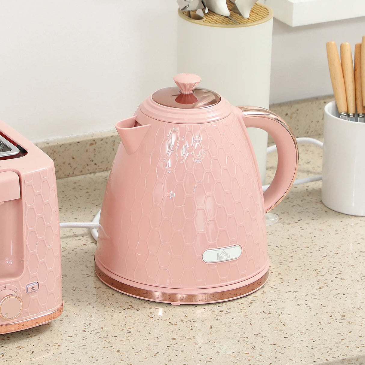 HOMCOM 1.7L 3000W Fast Boil Kettle & 2 Slice Toaster Set, Kettle and Toaster Set with Auto Shut Off, Browning Controls, Light Pink