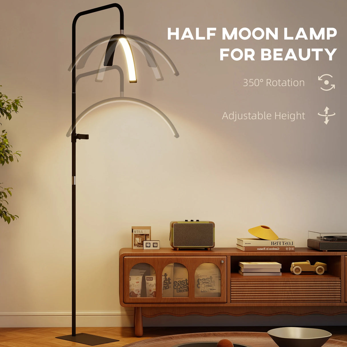 HOMCOM Half Moon Lash Light, Beauty Floor Lamp with 350 Rotatable Head, 7 Colour Temperature and Phone Holder, Dimmable Standing Lamp for Eyelash Extension, Tattoo, Nails, Skincare, Black