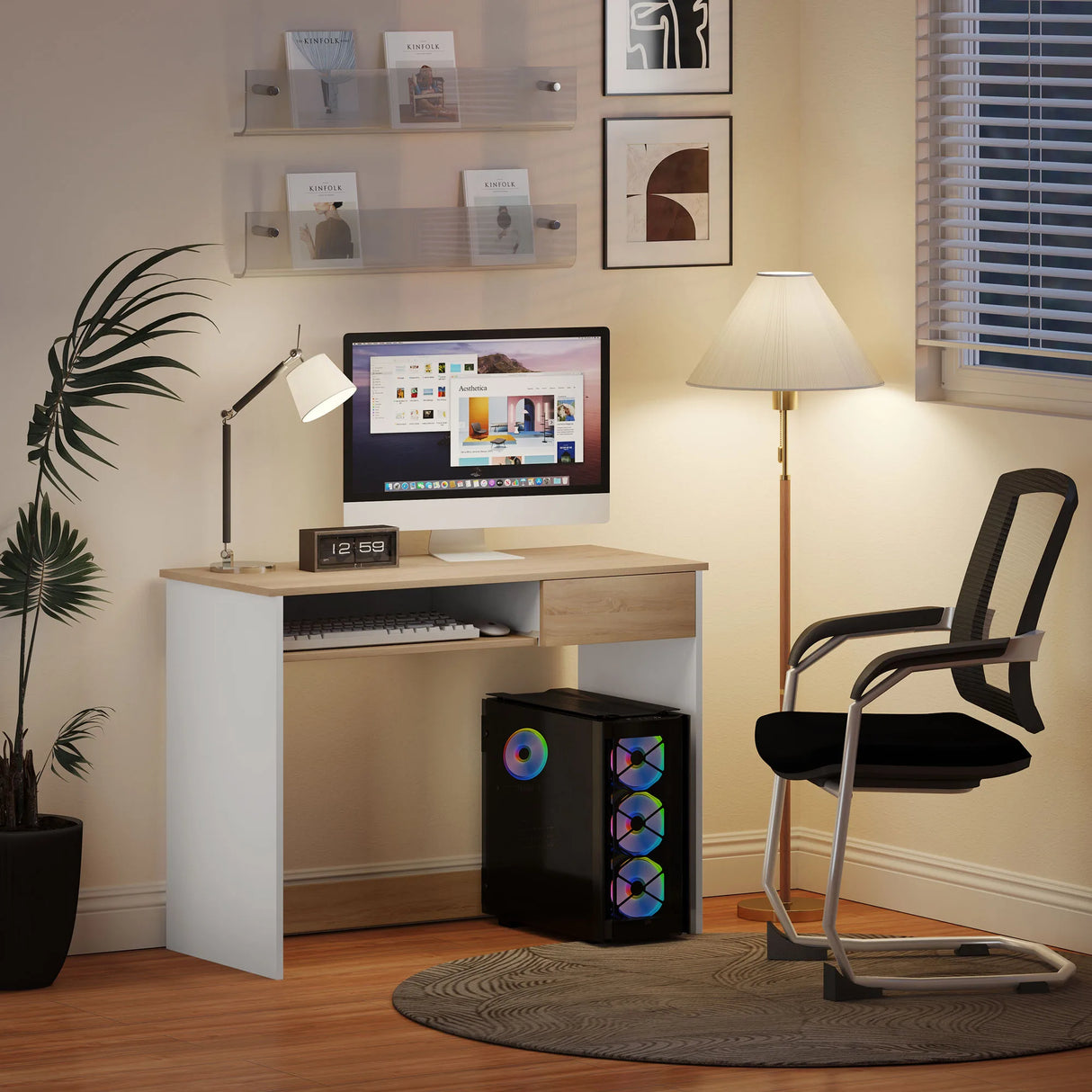 HOMCOM 100cm Compact Computer Desk with Keyboard Tray, Home Office Desk with Drawer for Bedroom Study, Oak