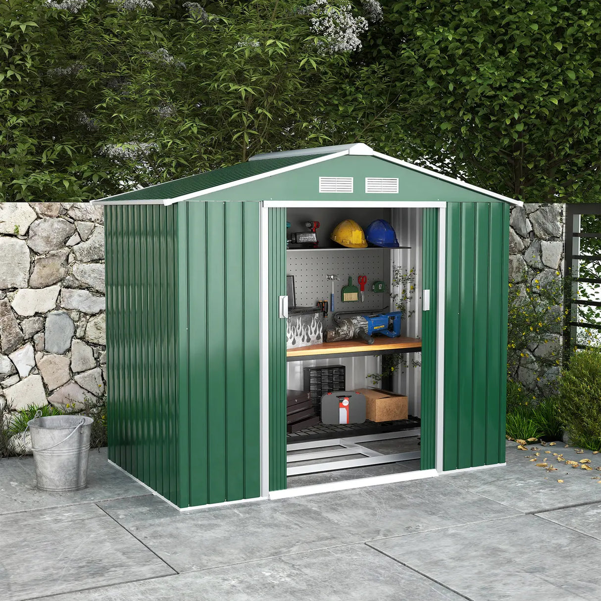 Outsunny 7 x 4ft Metal Garden Shed, Outdoor Storage Tool House with Ventilation Slots, Foundation Kit and Lockable Double Doors, Green
