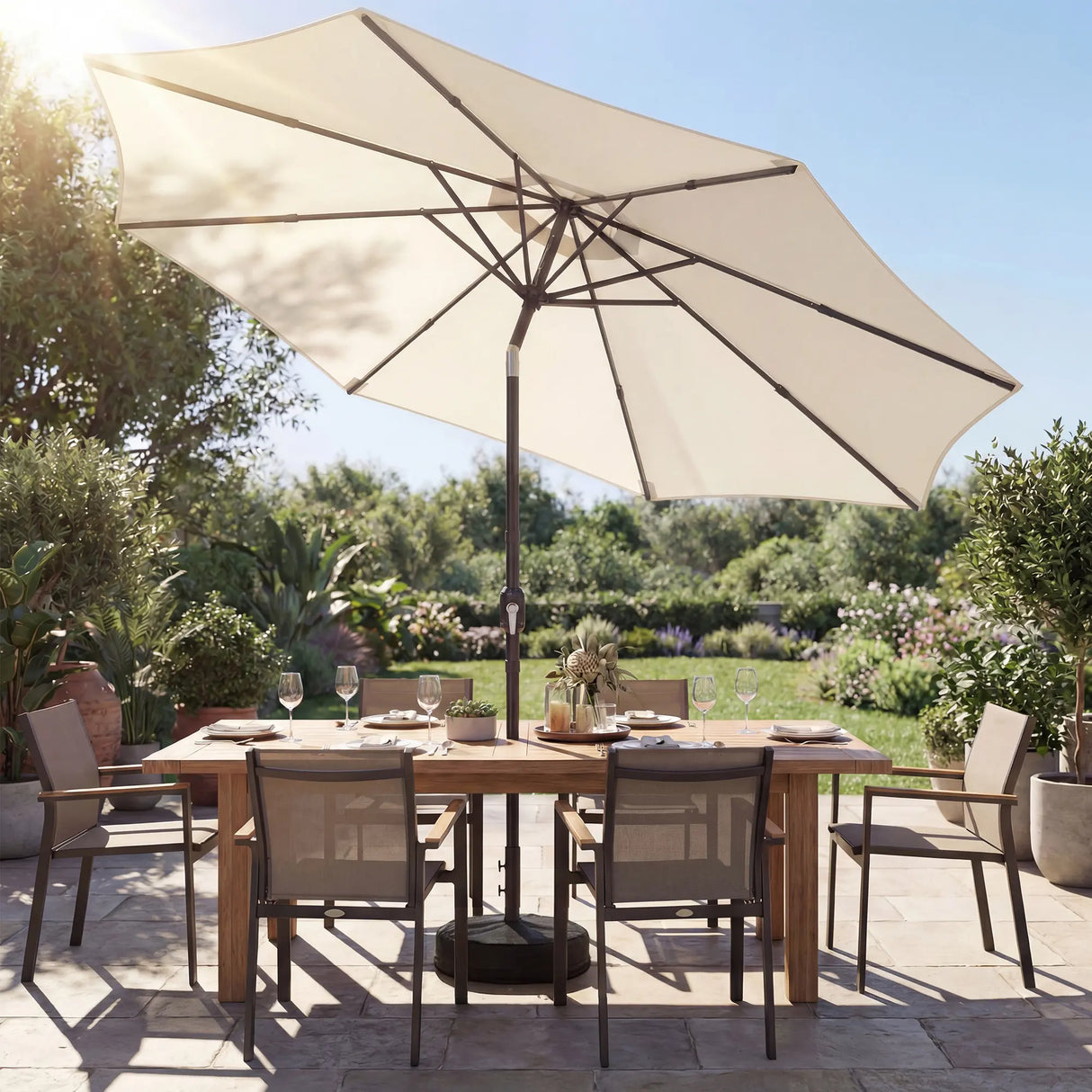 Outsunny 2.7 m Garden Parasol Umbrella with Cross Base and Sandbag, Retractable Ribs, Outdoor Table Market Umbrella, Cream White
