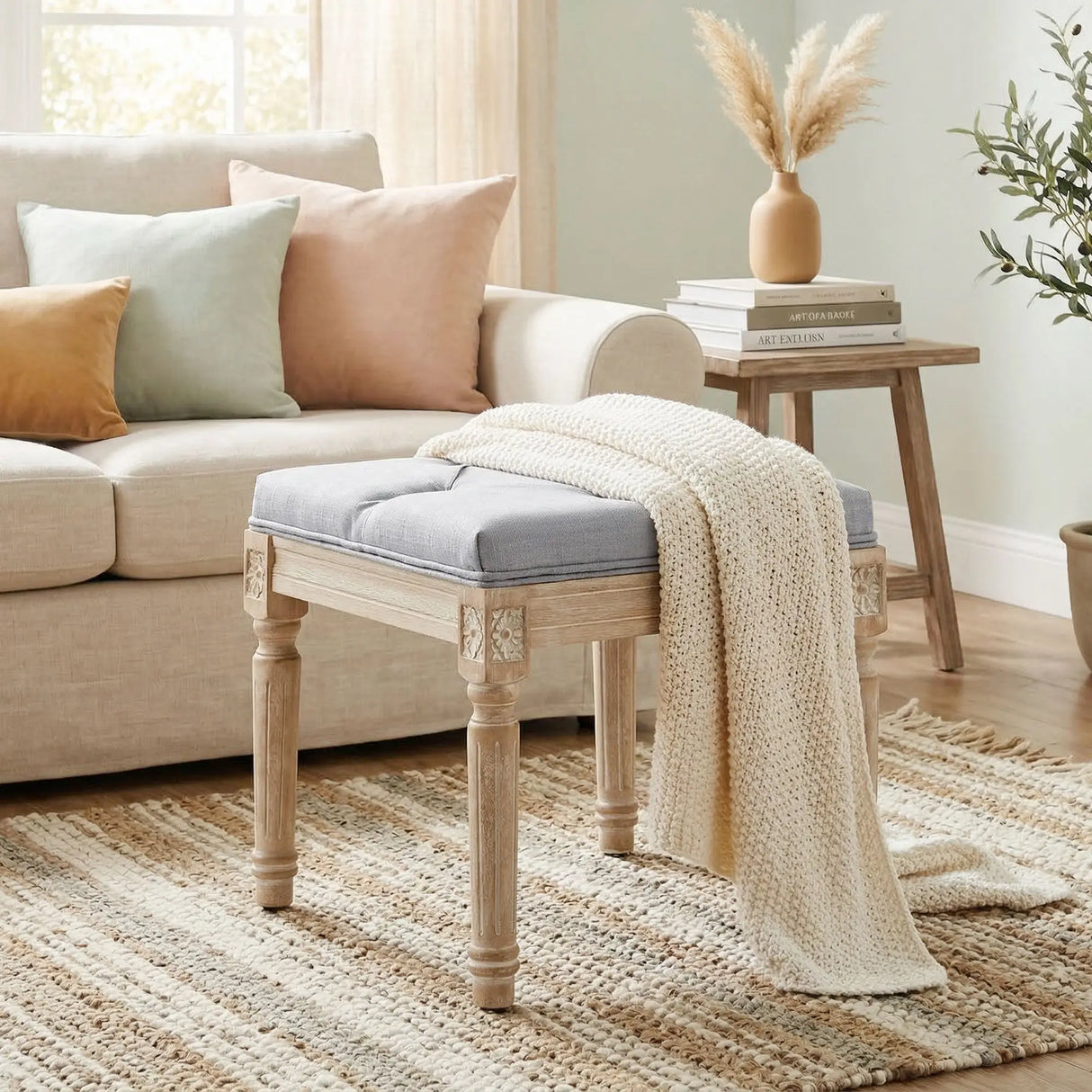 HOMCOM Vintage Foot Stool, Tufted Square Footrest with Wood Legs, Light Grey