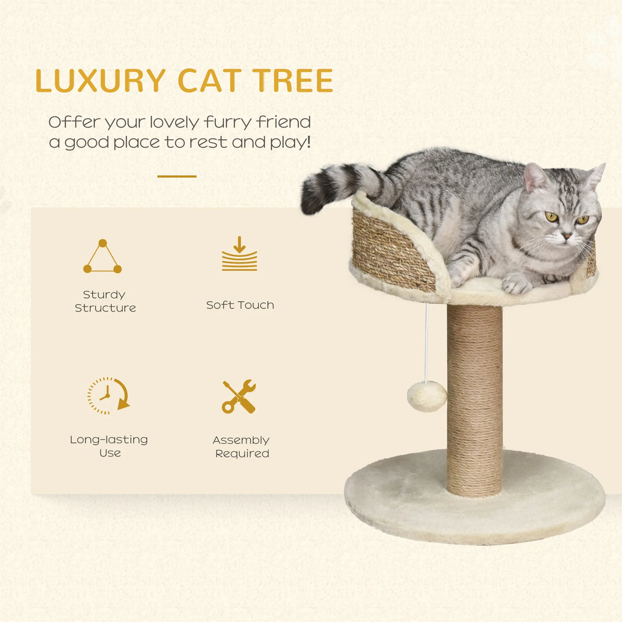 PawHut Cat Tree Cat Scratching Post for Indoor Cats Kitten Play Tower Activity Centre Climbing Stand with Dangling Ball Beige