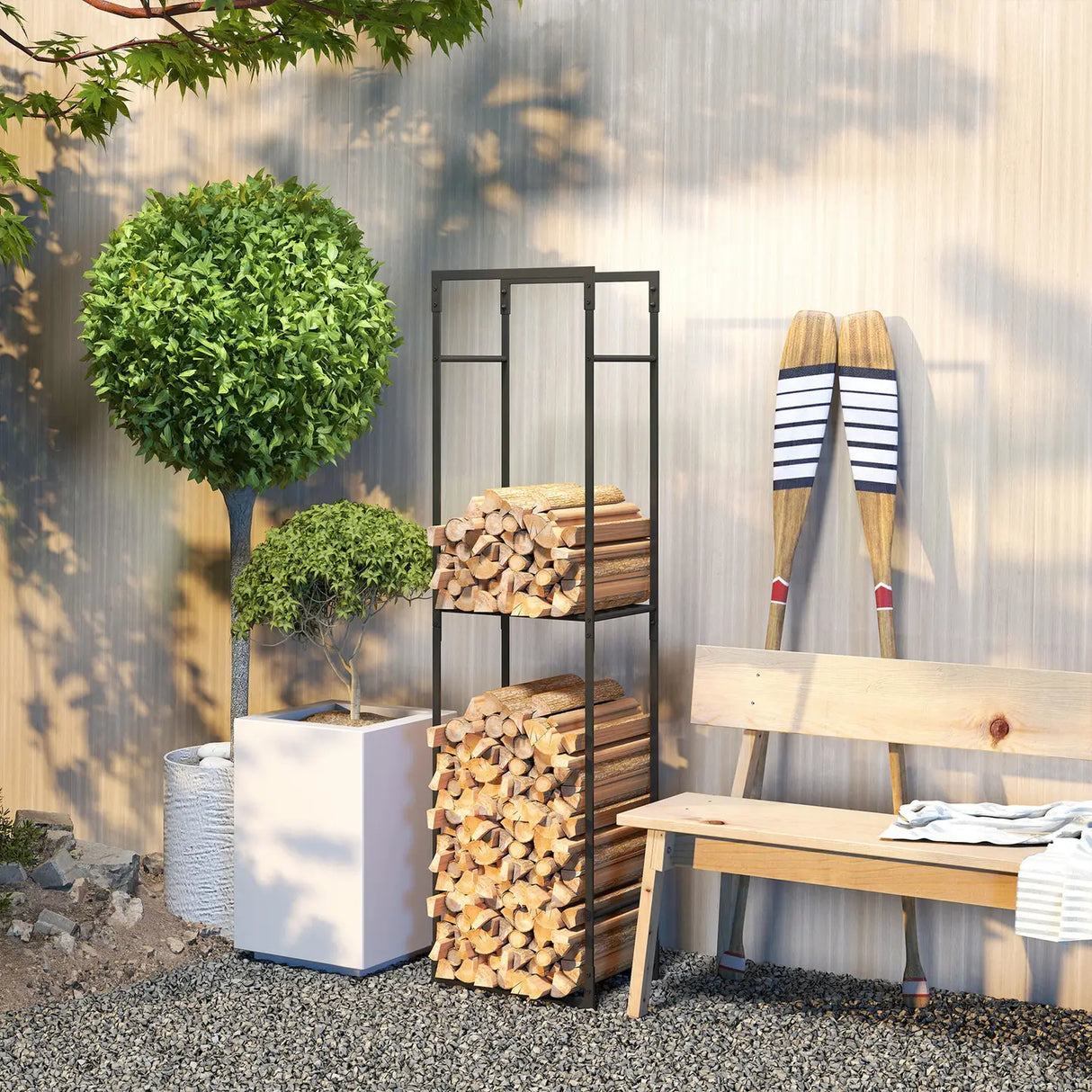 Outsunny Metal Firewood Log Holder, Heavy Duty Firewood Rack with Adjustable Shelf, Indoor Outdoor Fireplace Wood Storage Shelf, 45 x 31 x 170 cm, Black