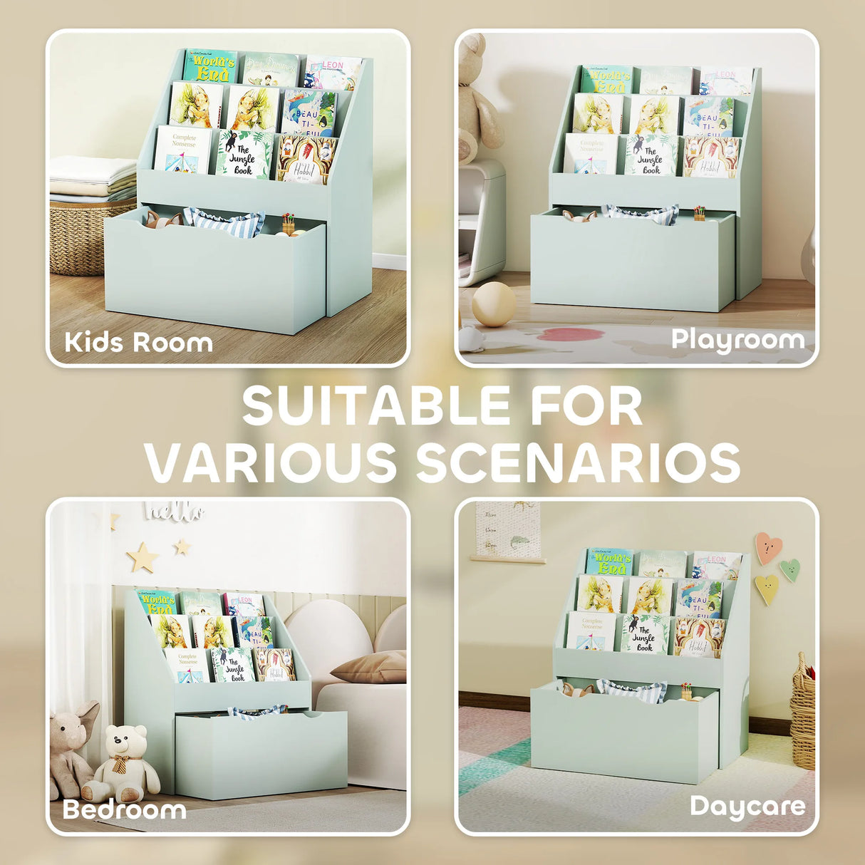 AIYAPLAY Bookcase for Kids with Shelves, Drawer, Bookcase for Bedroom, Playroom, Green