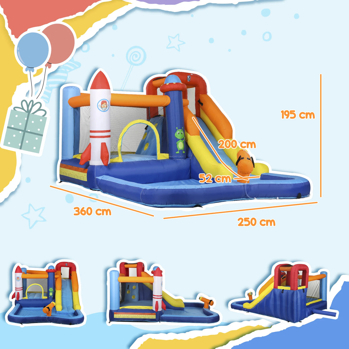 AIYAPLAY 5 in 1 Bouncy Castle for Children with 550W Blower, Water Slide, Splash Pool, Jumping Area, Climbing Wall, Cannon