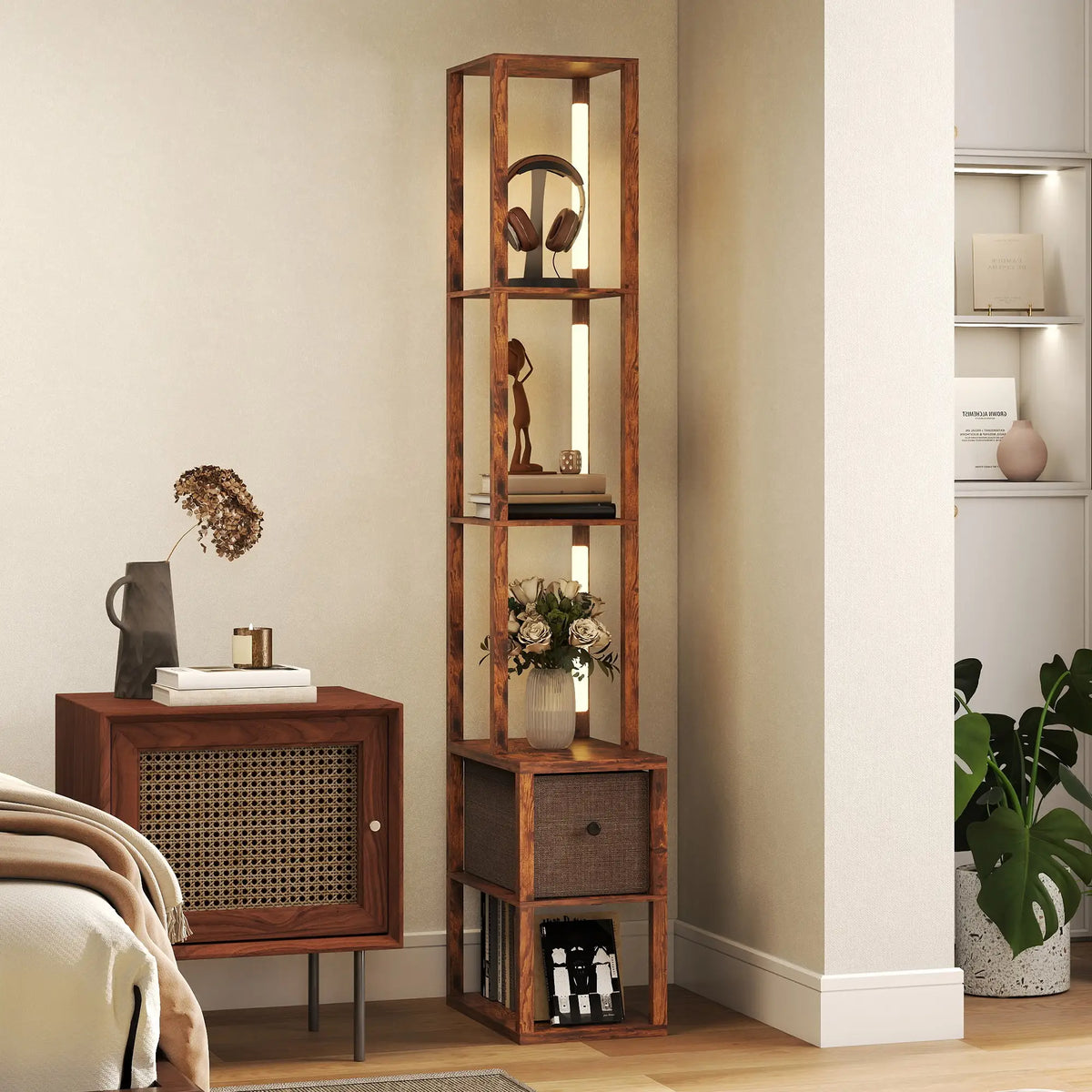 HOMCOM Floor Lamp with Shelves, LED Column Modern Standing Lamp with Fabric Drawer, Adjustable Brightness, Foot Switch for Living Room, Bedroom, Office, Rustic Brown