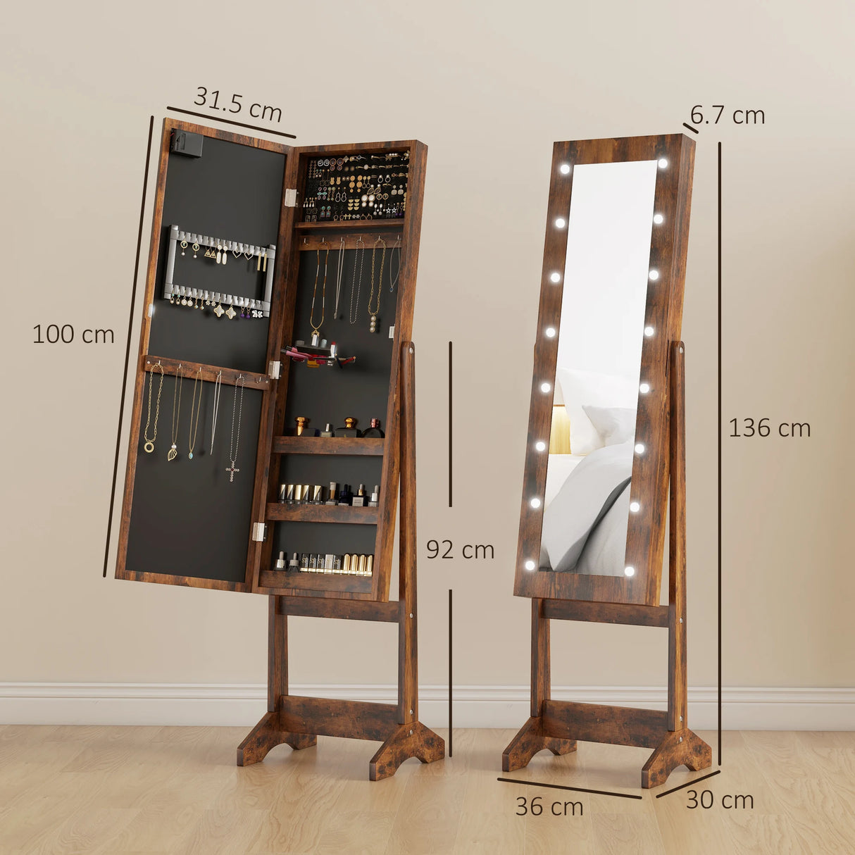HOMCOM Freestanding Mirrored Jewellery Storage Cabinet - Wood-Effect