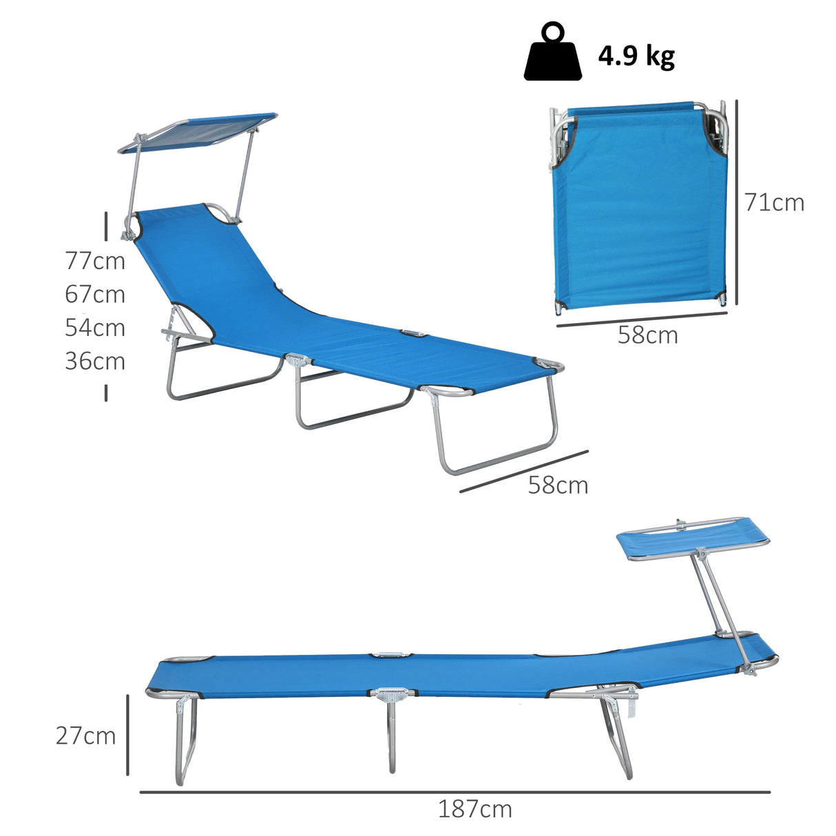 Outsunny Sun Lounger, with Adjustable Face Canopy - Bright Blue