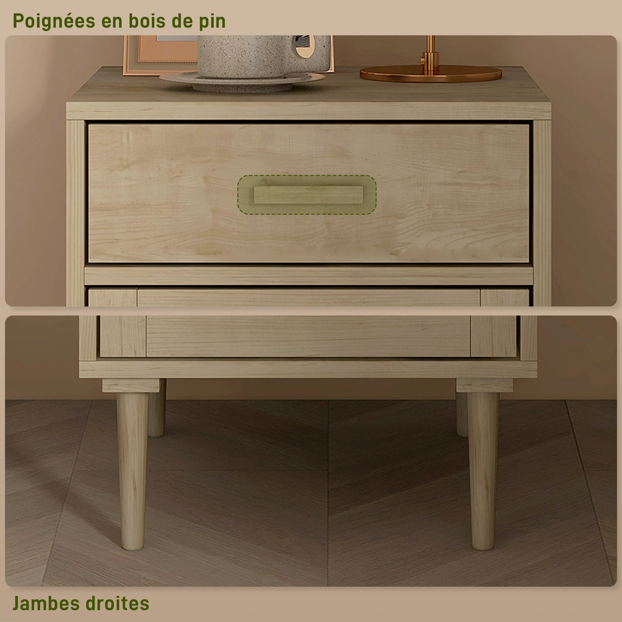 HOMCOM Bedside Table, Rattan Side Tables with Drawer, Cabinet and Adjustable Shelf, Boho Bedside Cabinet with Storage for Bedroom, Living Room, Natural Wood Effect