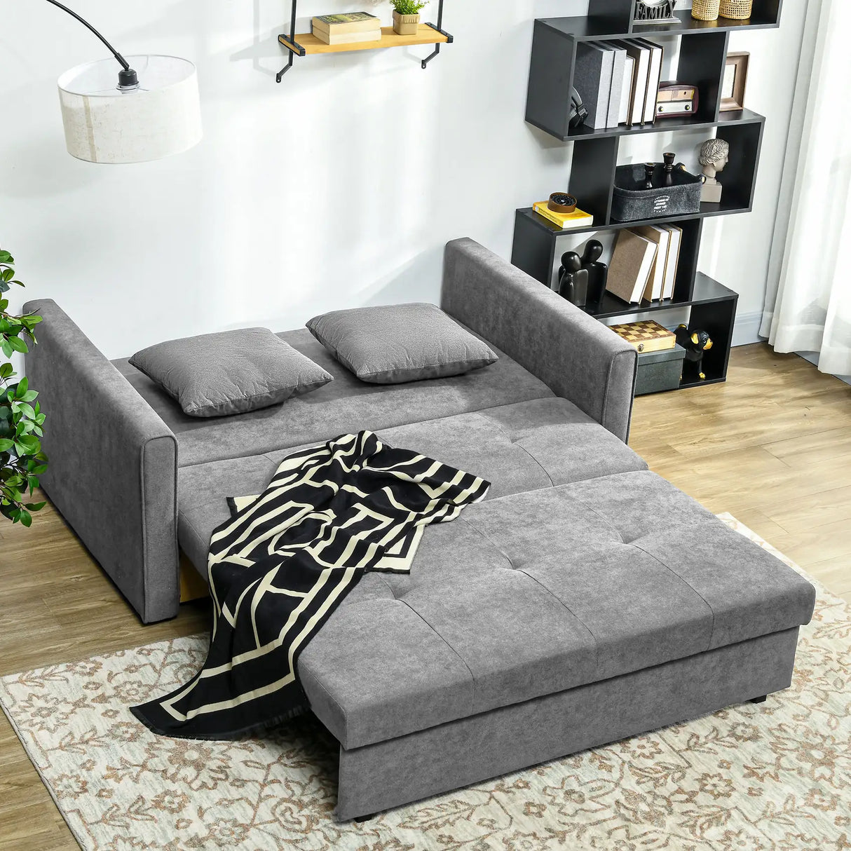 HOMCOM 2 Seater Sofa Bed, Convertible Bed Settee, Modern Velvet Loveseat Sofa Couch with 2 Cushions, Hidden Storage for Living Room, Guest Room, Grey