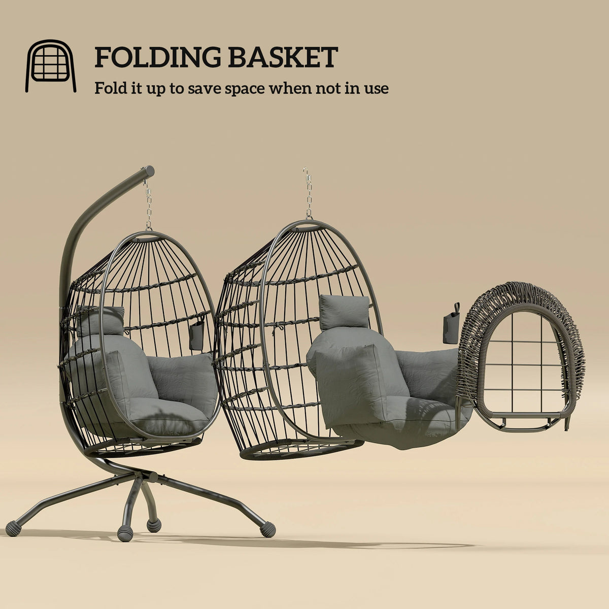 Outsunny Hanging Egg Chair Outdoor Indoor Garden Swing Chair with Folding Basket and Thickened Cushion, Garden Hanging Chair with Stand, Headrest, Cup Holder for Patio, Balcony, Dark Grey