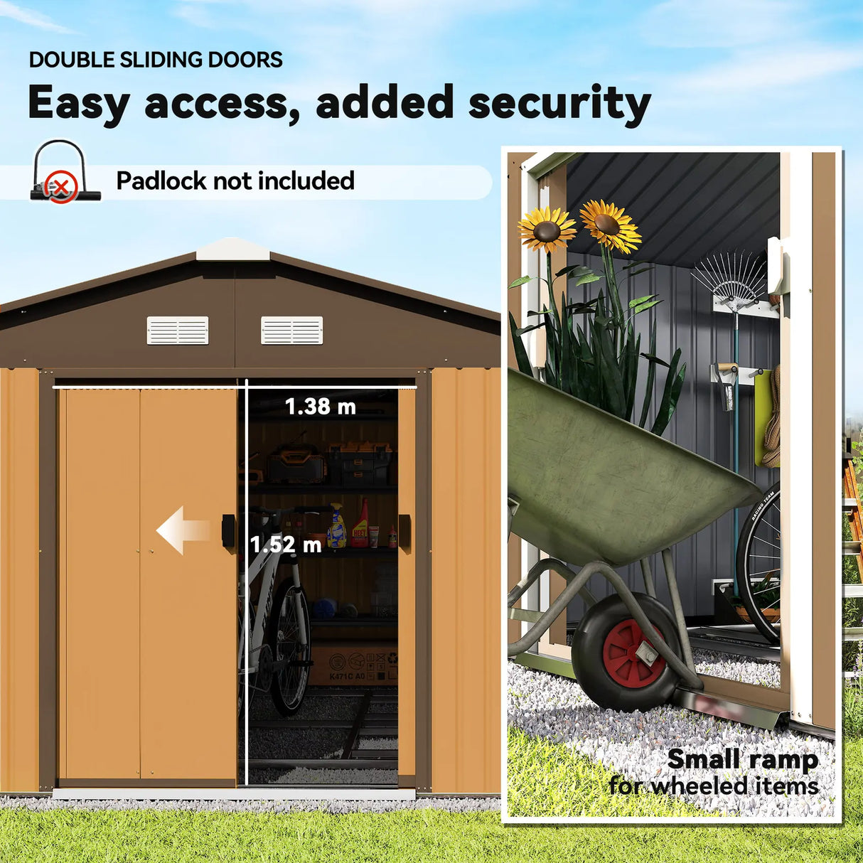 Outsunny 13 x 11ft Metal Garden Shed, Outdoor Storage Tool House with Ventilation Slots, Foundation Kit and Lockable Double Doors, Light Brown