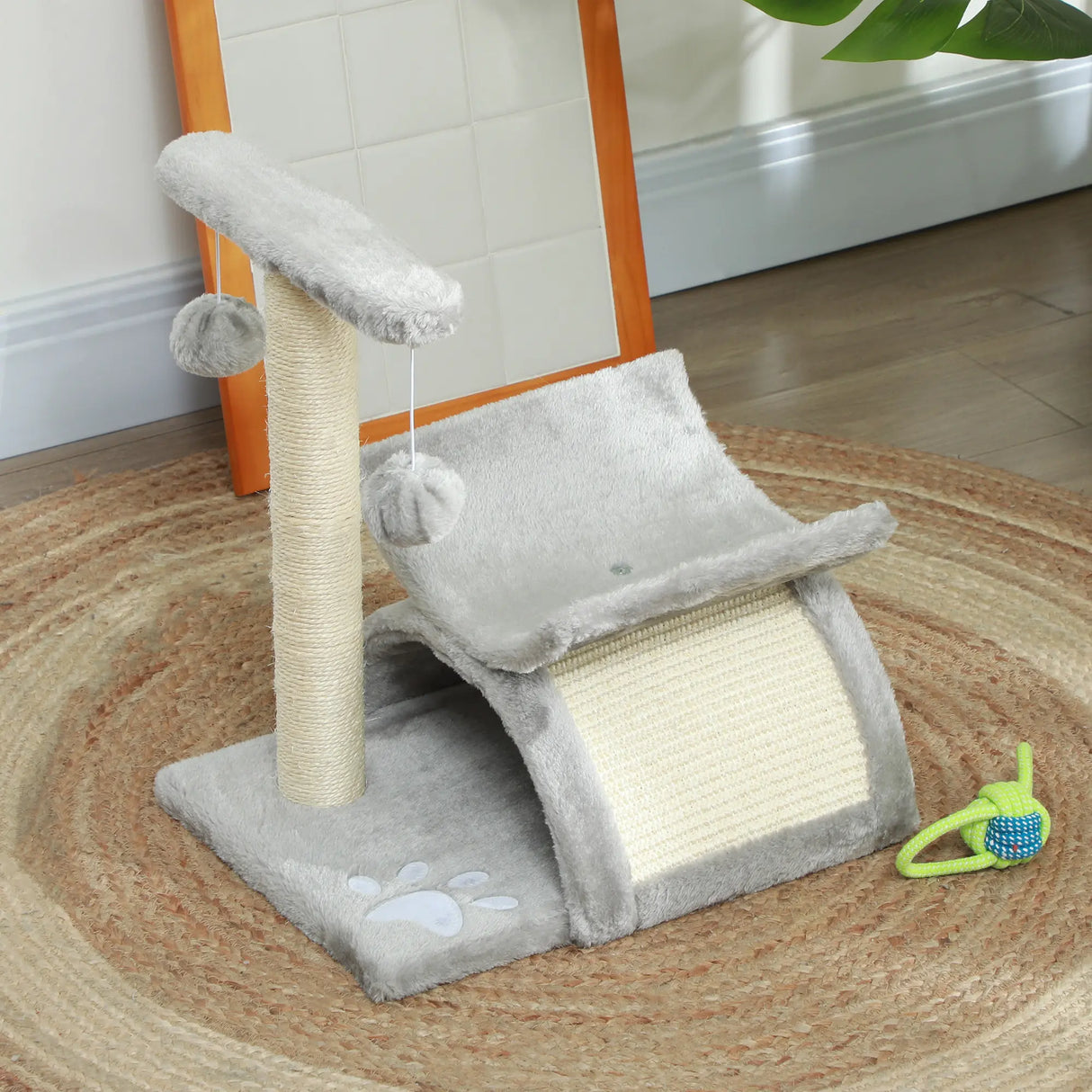 PawHut Cat Tree, Cat Tower for Kittens with Rotatable Top Bar, Sisal Scratching Post, Tunnel, Dangling Balls - Grey