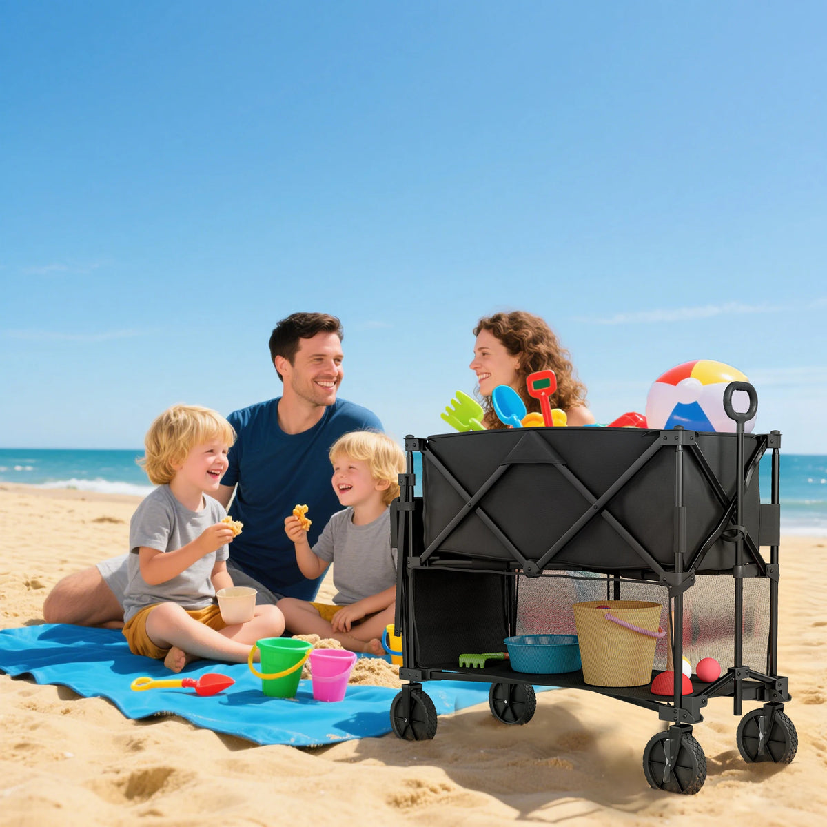 Outsunny Double Decker Folding Festival Trolley on Wheels, 200KG & 350L Capacity Collapsible Wagon Festival Trolley Cart with 134cm Extended for Camping Sports Shopping Garden and Beach, Black