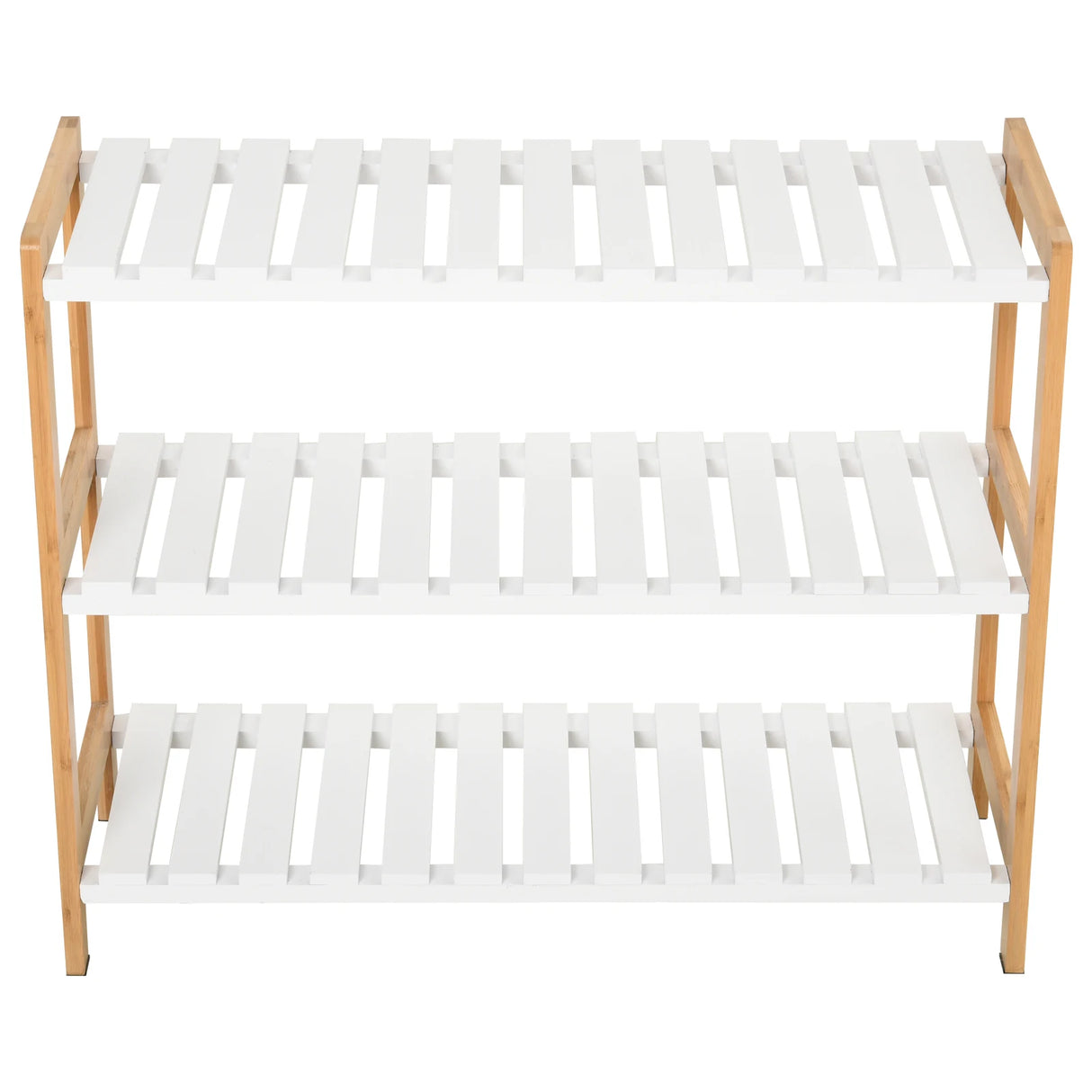 HOMCOM 3-Tier Shoe Rack Wood Frame Slatted Shelves Spacious Open Hygienic Storage Home Hallway Furniture Family Guests 70L x 26W x 57.5H cm - Natural