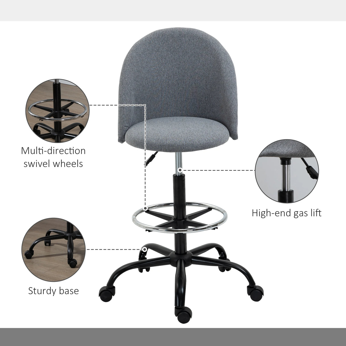 Vinsetto Ergonomic Drafting chair Adjustable Height w/ 5 Wheels Padded Seat Footrest 360 Swivel Freely Comfortable Versatile Use For Home Office - Grey