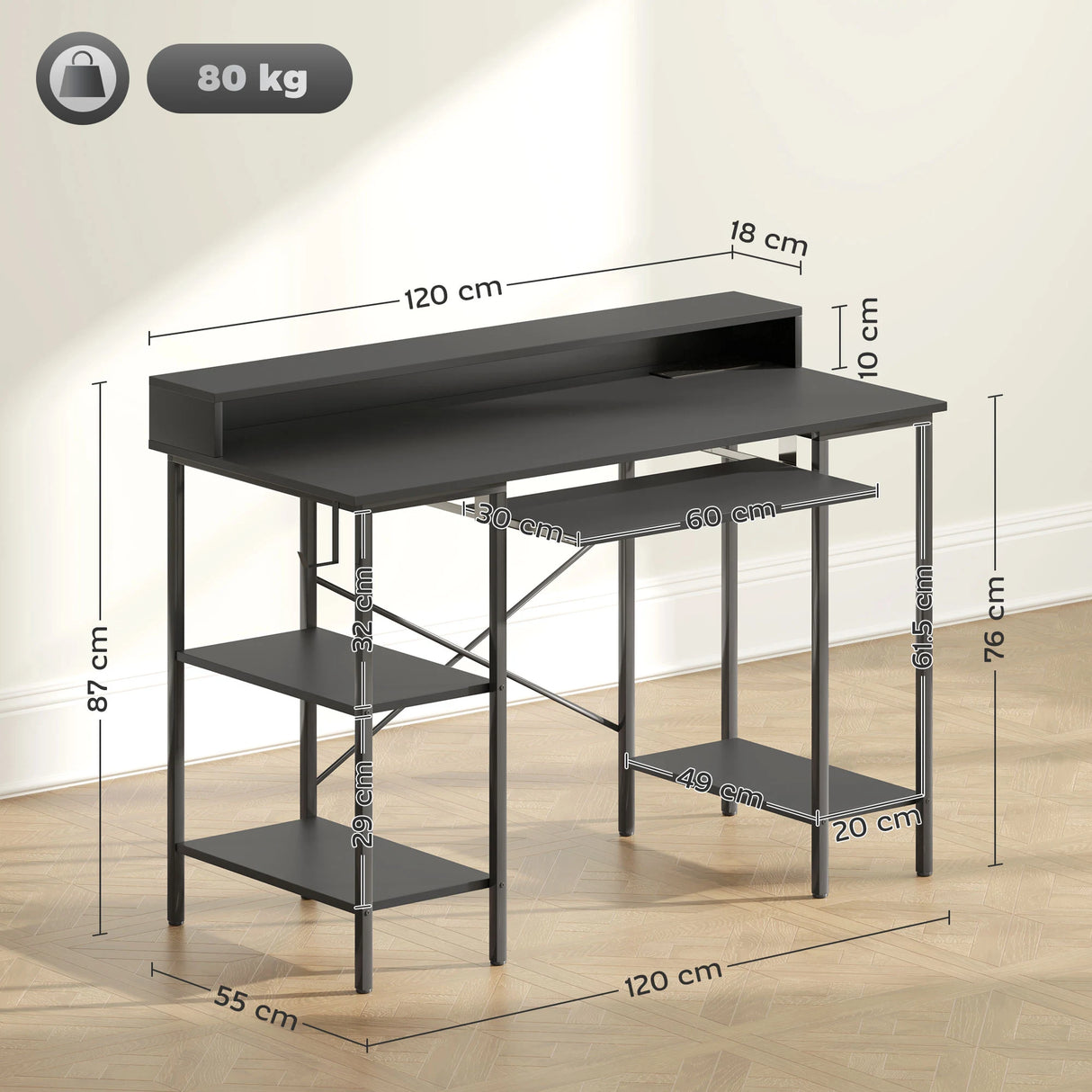 HOMCOM Computer Desk with LED Lights and Power Outlets, 120 x 55 cm Gaming Desk with Monitor Stand, Sliding Keyboard Tray and Storage Shelves for Home Office, Black