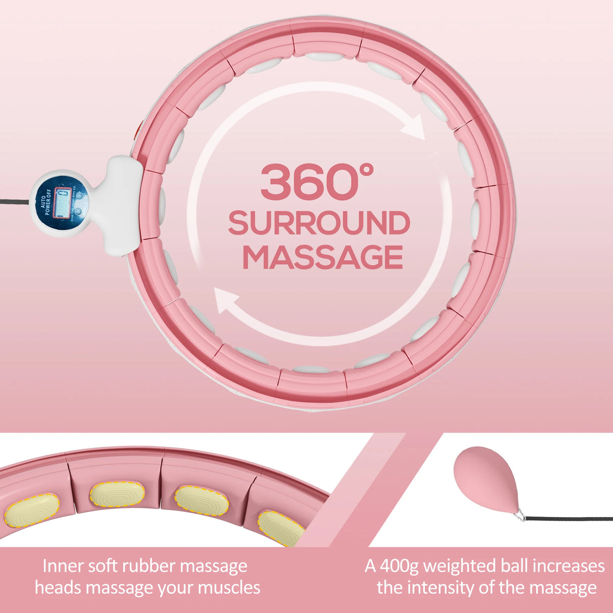 SPORTNOW Smart Weighted Hula Hoop, Massage Hula Ring w/ 16 Detachable Knots, 360 Auto-Rotating Ball, Digital Counter, Pink