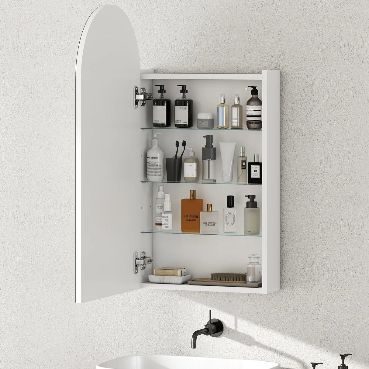 HOMCOM Arched Bathroom Mirror Cabinet with Adjustable Glass Shelves - White
