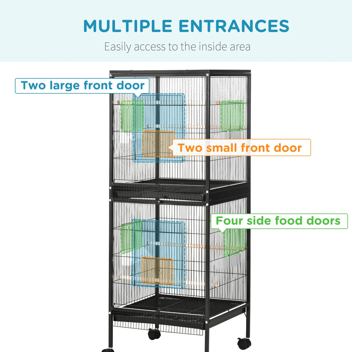 PawHut Bird Cage Budgie Cage 2 In 1 Large Aviary with Wheels Removable Trays for Finch Canaries Cockatiels Black