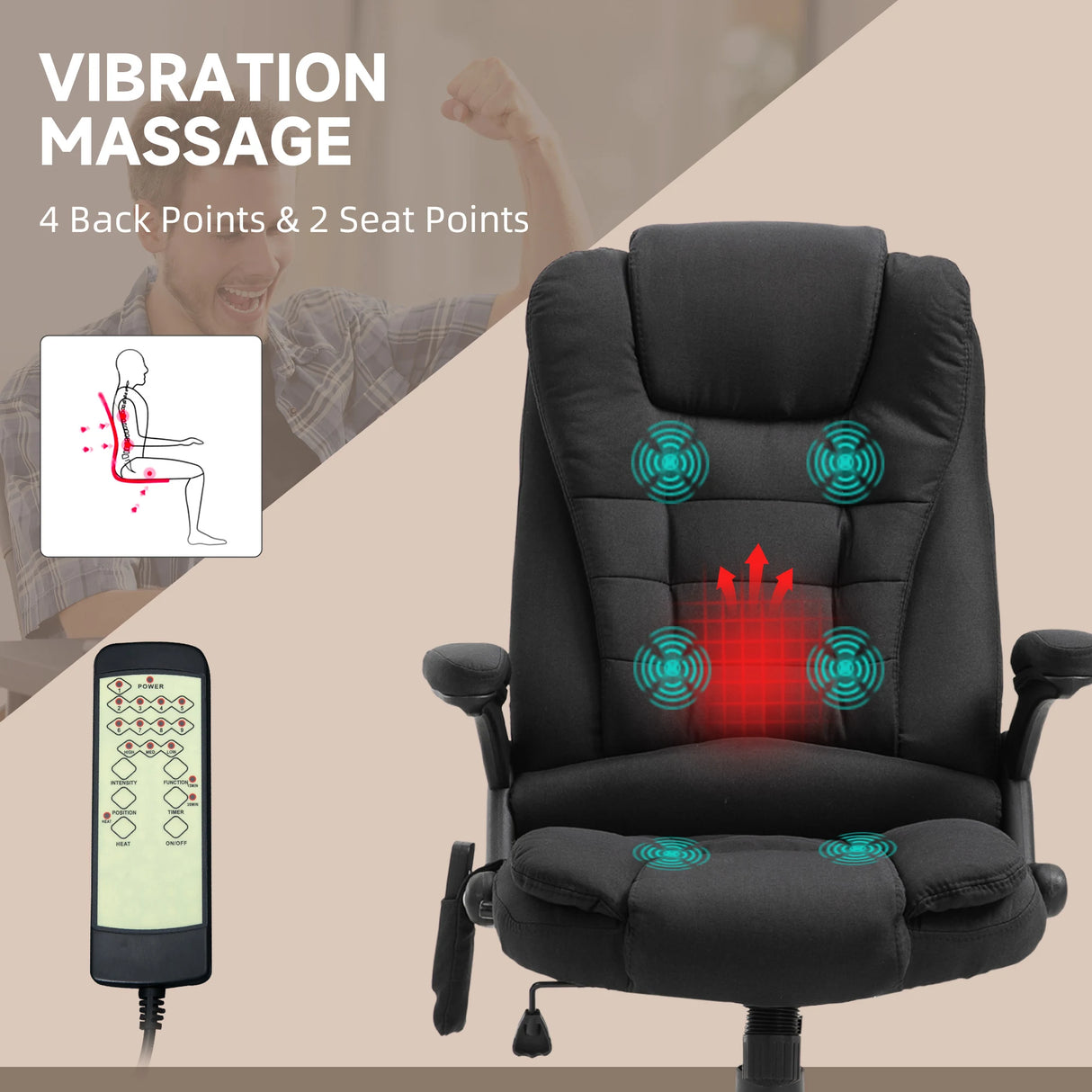 Vinsetto Massage Recliner Chair Heated Office Chair with Six Massage Points Linen-Feel Fabric 360 Swivel Wheels Black